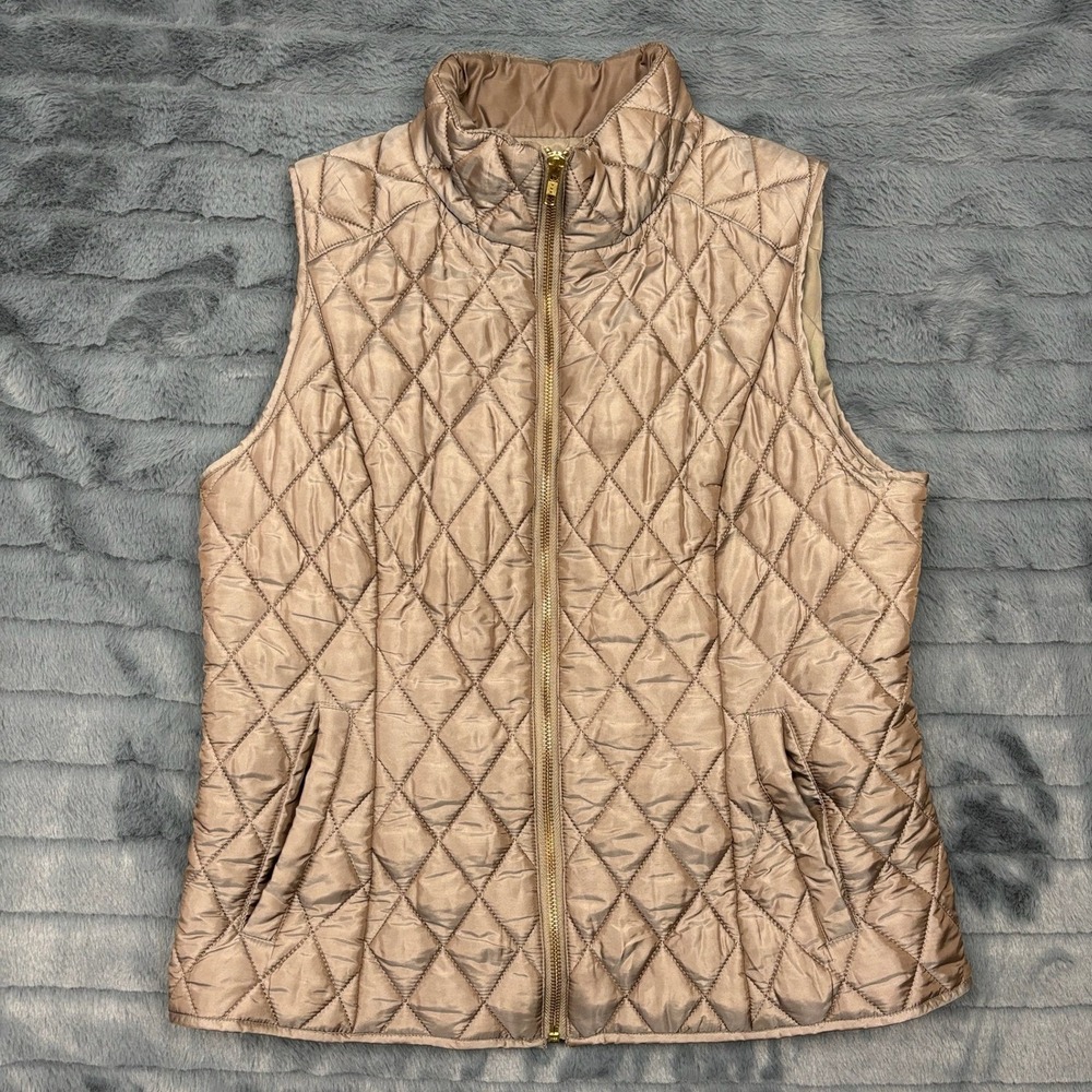 Ann Taylor Factory Women Taupe Quilted Puffer Vest Gold Zip Size Medium 8562
